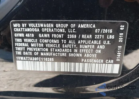 2015 Volkswagen Passat 1.8T Limited Edition from USA, damaged, VIN 1VWAT7A39FC116265
